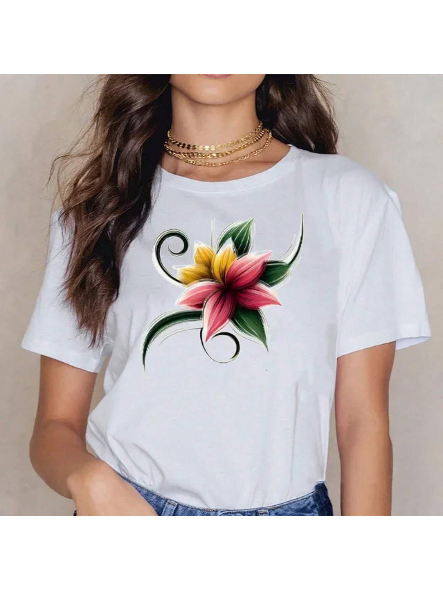 White Printed Short Sleeve Crew Neck T-Shirt Hot Of The Season Model Woman Fashionable Shrimp Skin Design Cross-Border S разноцветный