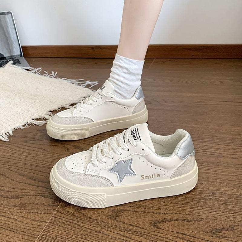 Little White Shoes Women's New Versatile Student Casual Shoes Star Color Matching Round Head Lace-up Sports Board Shoes