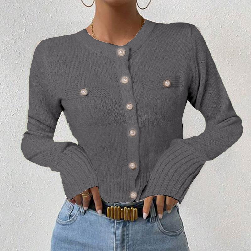 VONDA Women Autumn Round Neck Long Sleeve Pearl Button Cardigans