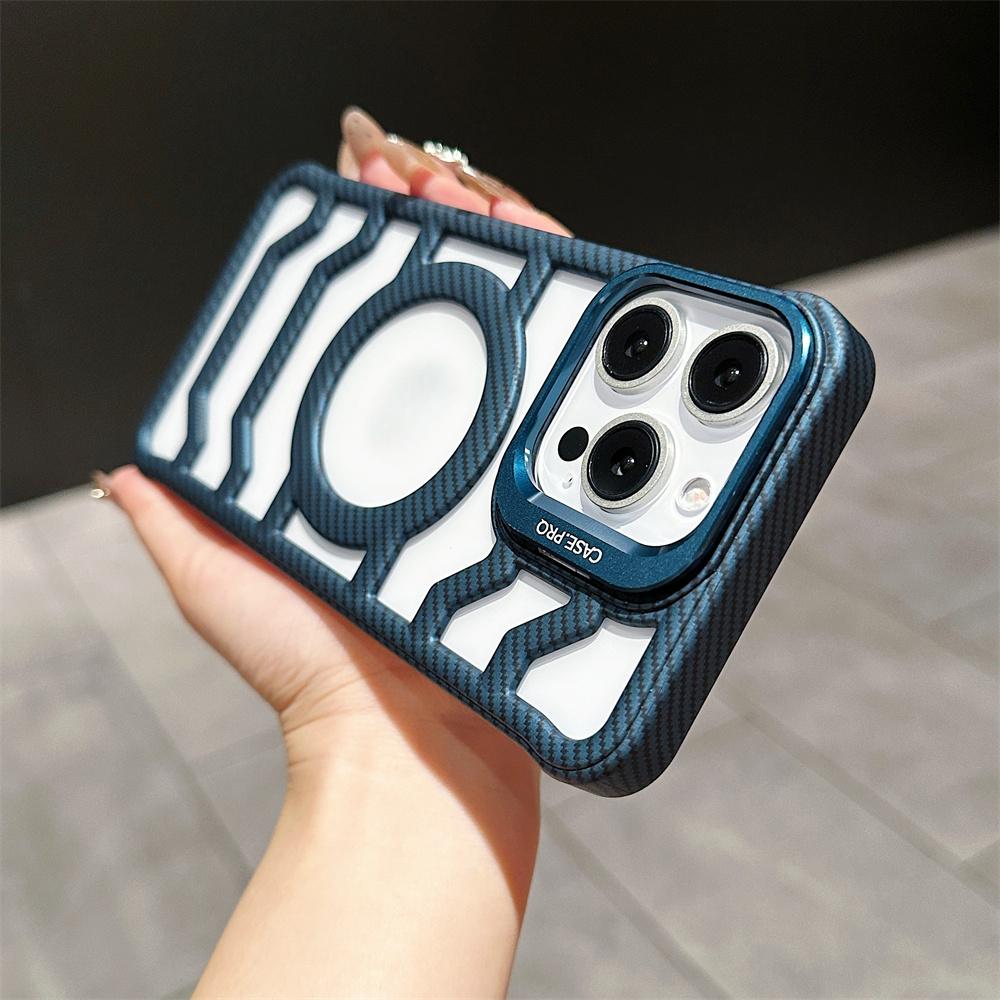 Luxury Carbon Fiber Pattern Heat Dissipation Phone Case for iPhone 16 15 14 13 12 Pro Max Camera Hidden Bracket Shockproof Cover