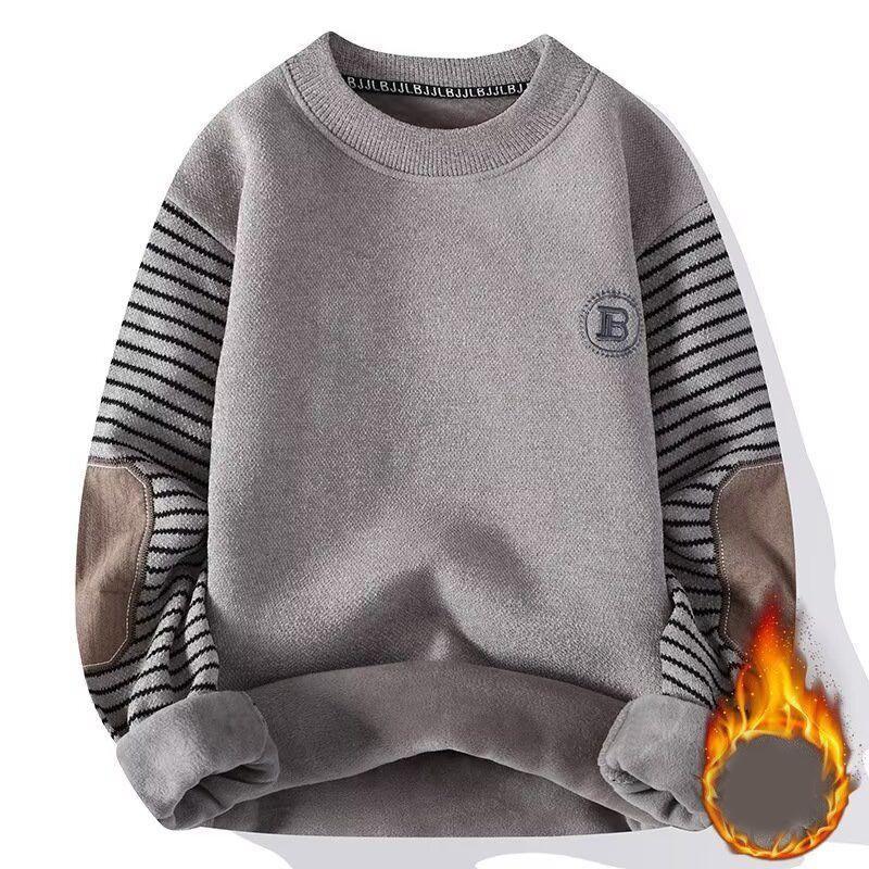 

Men s Sweater Patckwork Round Neck Pullovers Fleece Lined Thick Warm Winter Knitwear Fashion Jumpers Men s Clothes 5XL