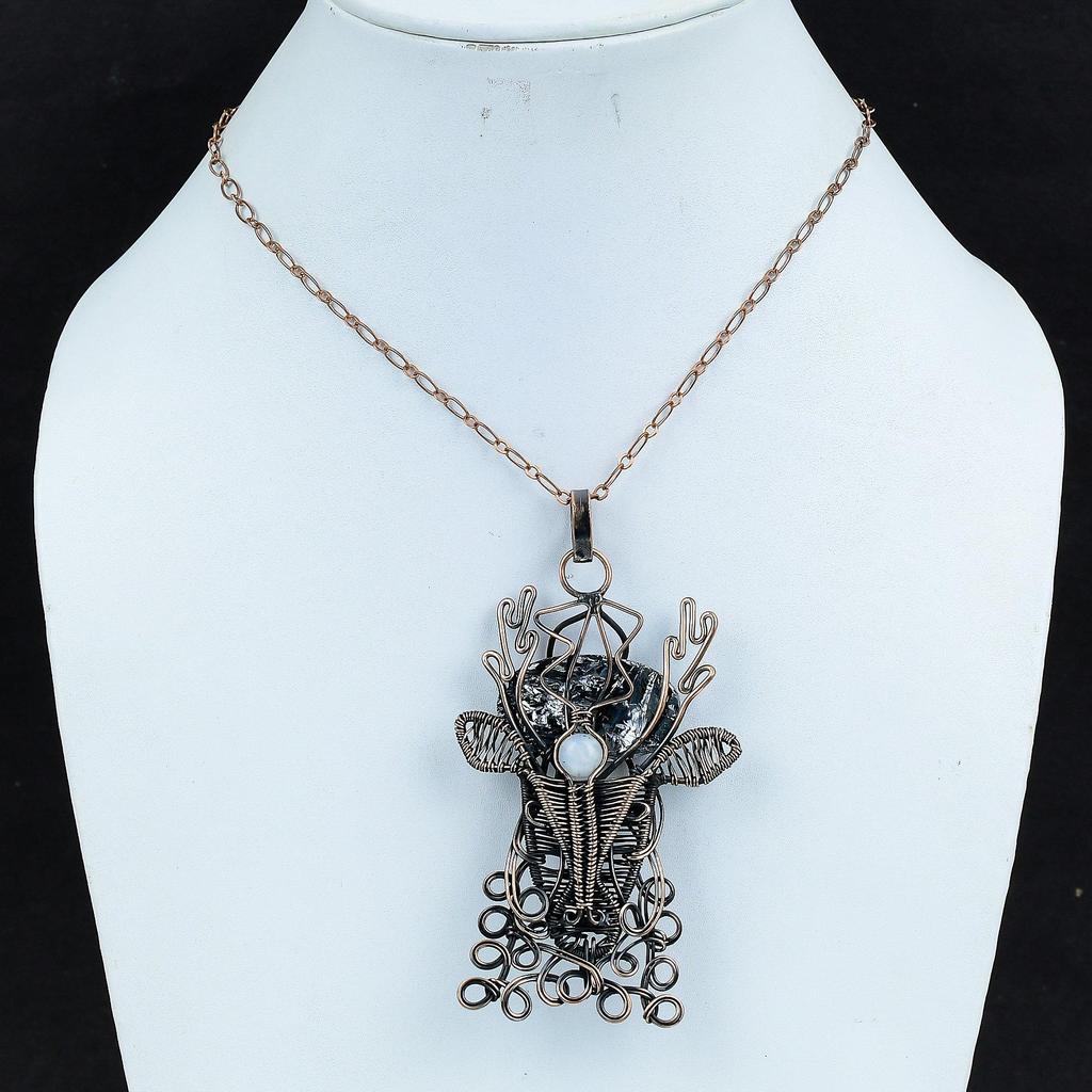 Shungite Rough Pendant Copper Wire Wrapped Pendant Rainbow Moonstone Pendant Deer Face Jewelry Real Gemstone Handmade Pendant Gifts For Her