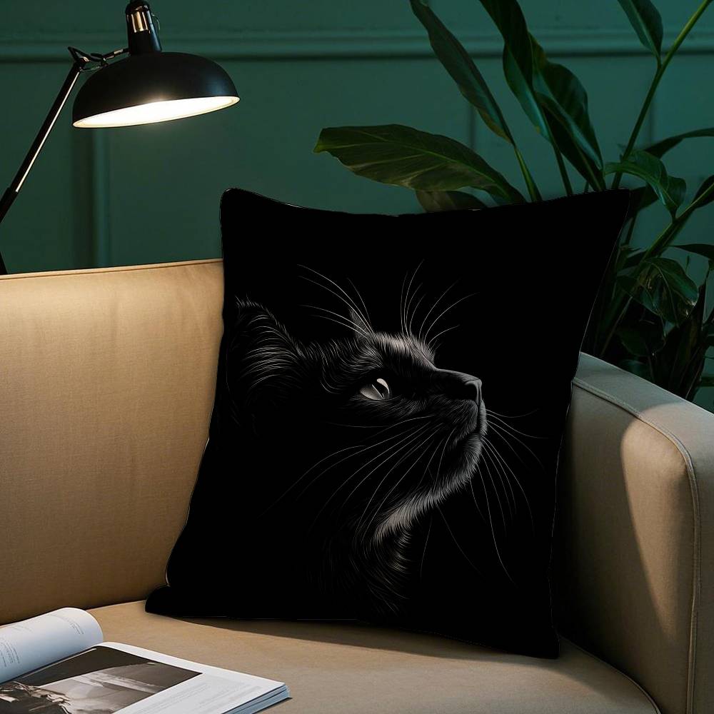 Schwarze Katze Niedlicher Kissenbezug Plüschstoff Weicher Kissenbezug Doppelseitiger Druck Sofakissenbezug Wurfkissen