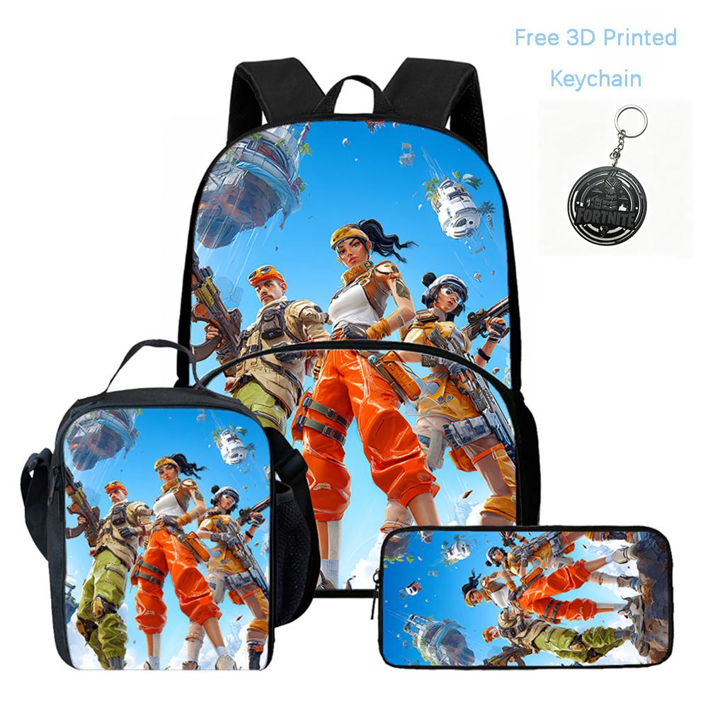 FORTNITE 3Pcs Cartoon School Set, Lightweight Backpack Front Pocket, Lunch & Pencil Case Kids 5-10, Free 3D Printed Keychain