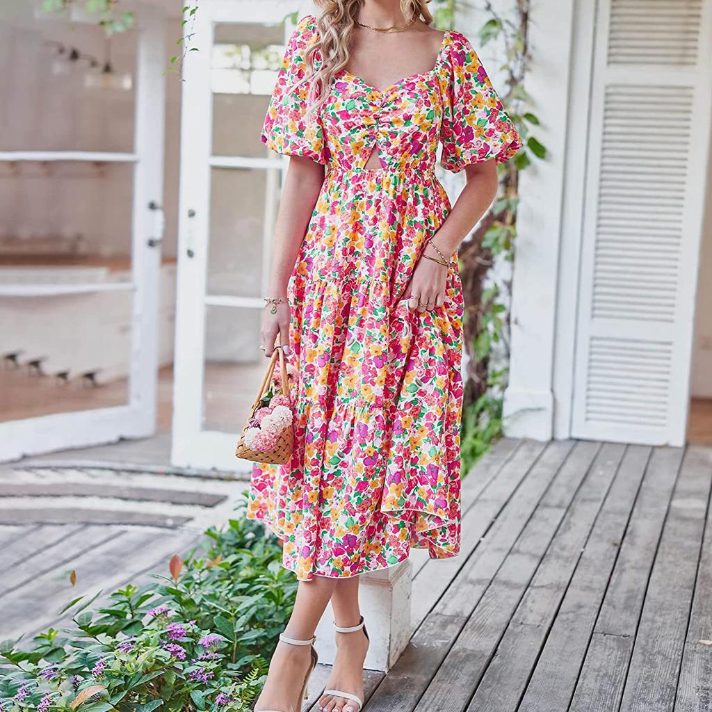 Women's Fashion Floral Square Collar High Waist Hollow Bubble Short-sleeved Back Pleated Printed Dress