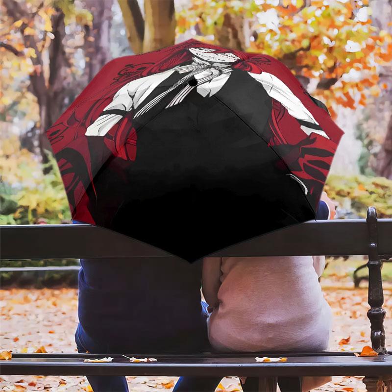 1 PC Automatic Folding Umbrella - Black Butler Pattern Portable Foldable Design With 8 Ribs Christmas Birthday Gifts