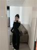 Premium temperament suit, one-word shoulder long-sleeved top, spring and autumn lazy style wide-leg pants, irregular two-piece suit for women