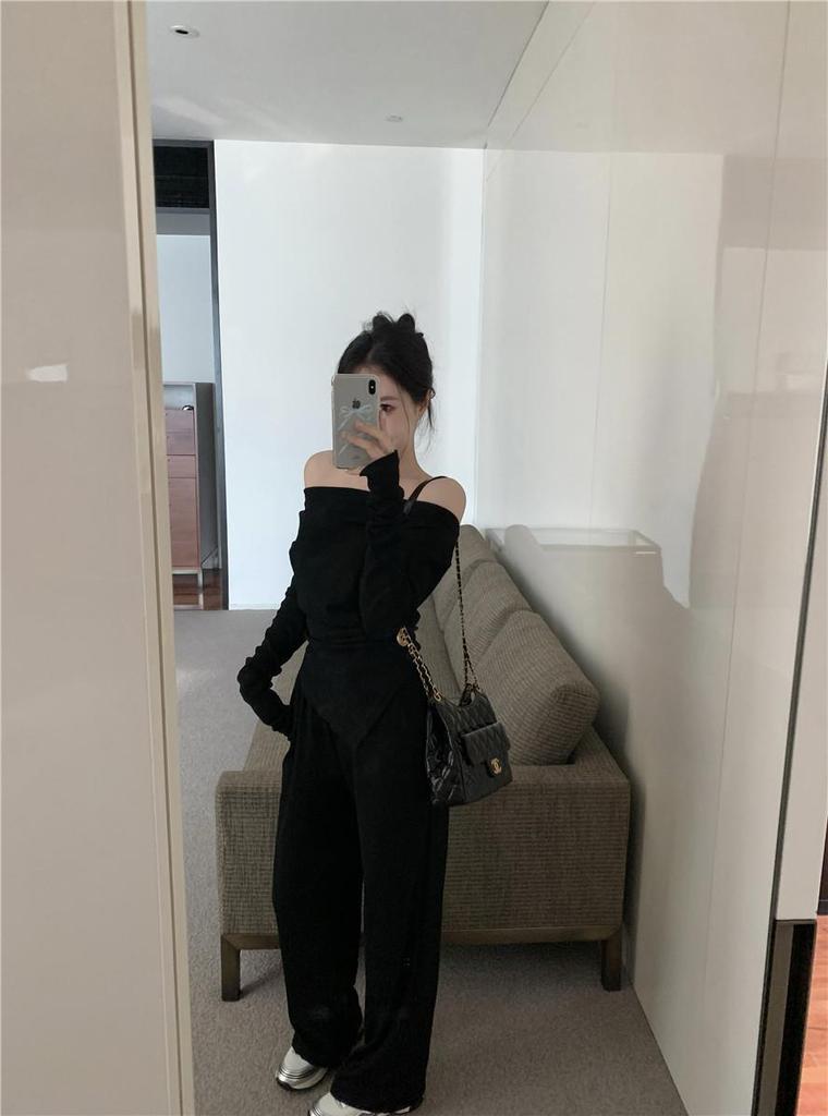Premium temperament suit, one-word shoulder long-sleeved top, spring and autumn lazy style wide-leg pants, irregular two-piece suit for women