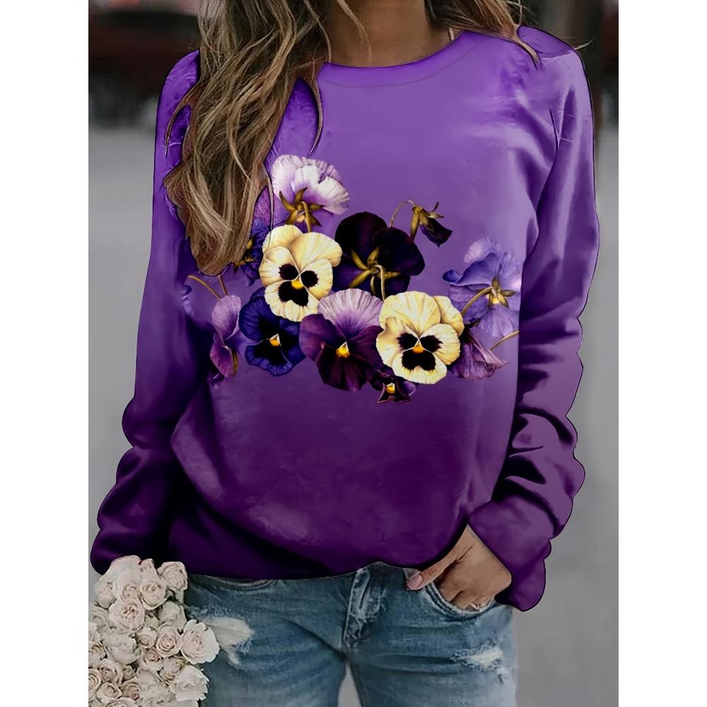 Women's Sports Shirt with Purple Flower Pattern Print, Women's Casual Long Sleeved Round Neck Pullover, Women's Clothing