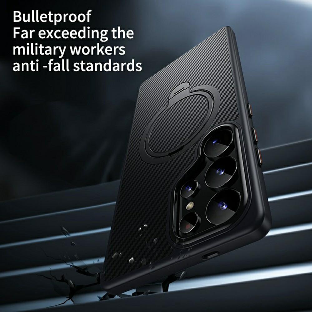 For Samsung Galaxy S25 Ultra Magnetic Case PC+TPU Phone Cover Ring Holder Carbon Fiber Texture