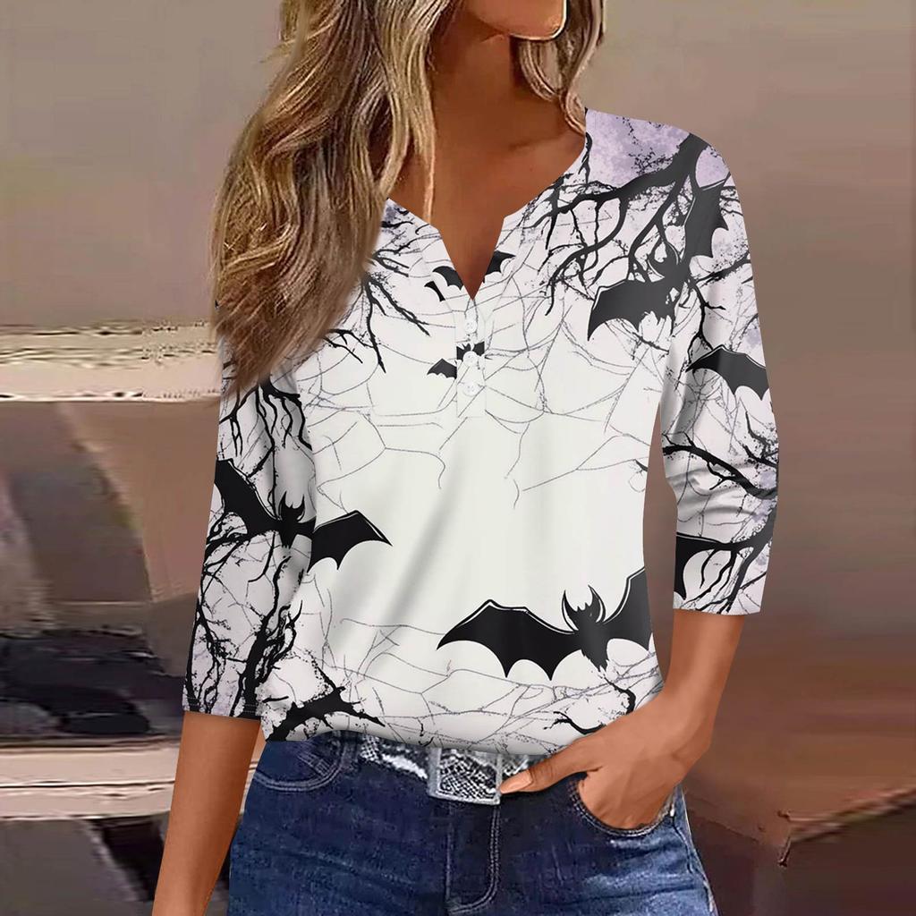 Women's Fashion Casual T-Shirt V-Neck Seven Sleeve  Printed Button Top