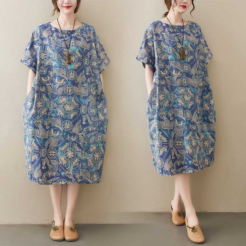 

Женская одежда Литературное и ретро принт Хлопок и лен Платье с коротким рукавом Скрывающее полноту и стройнящее Свободное средней длины One Size