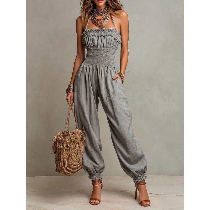 Bohemian Style Linen Cotton Jumpsuit With Halter Neck Lantern Sleeves Women 2026