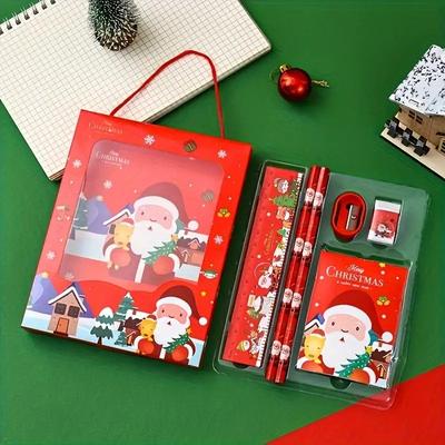 1/2 Conjunto de papelaria de Natal Lápis de desenho animado Borracha Régua Lápis Caixa de presente Material escolar para crianças Presentes de Natal Ano Novo 2025
