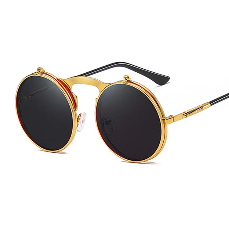Round Steampunk Sunglasses Man Vintage Flip Celebrity Sun Glasses Male Driving Superstar Luxury Brand Designer Metal Shades