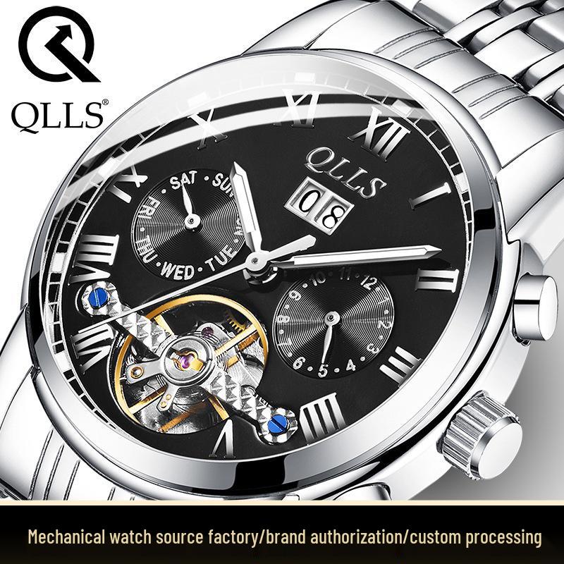 QLLS Men's Fashion Automatic Luminous Waterproof Skeleton Wristwatch - Business Casual Style