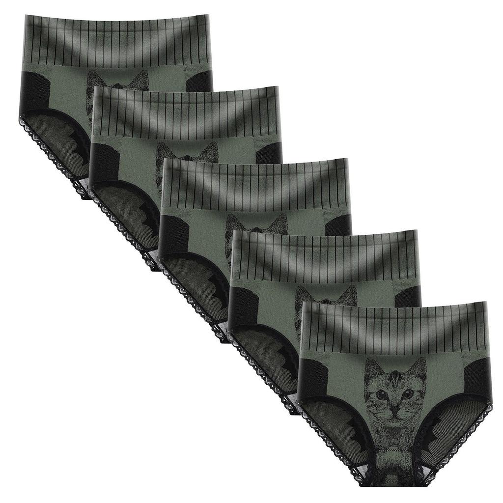 5 Pack Green Women's Tummy Control Cat Print Underwears