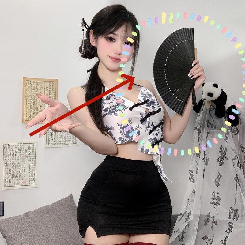 Ink Wash Misty Rain Sexy New Chinese Erotic Underwear Retro Slim Hip Skirt Spice Girl Lace-up Belly Pocket Suit Women