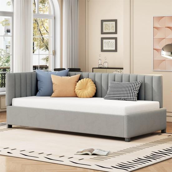 Low Daybed Upholstered Sofa Bed 90x200CM Slatted Frame Velvet Fabric Sleeping Couch Modern Grey Beige Living Room Single Day with Sponge Filling