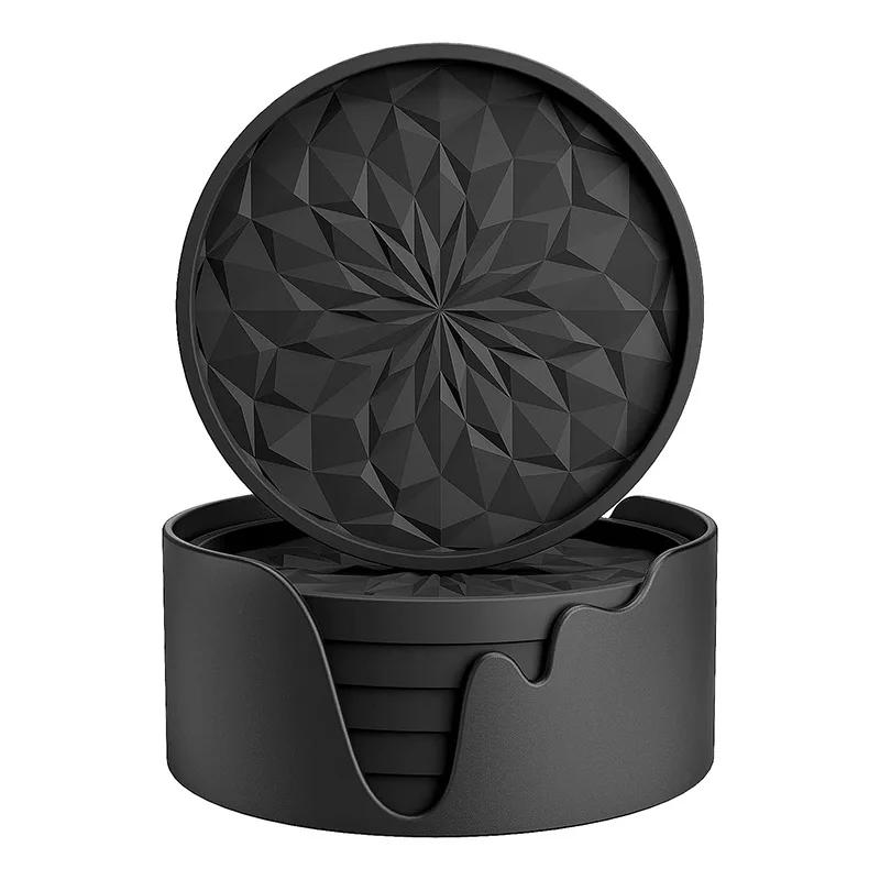 

6Pcs Tabletop Protection Coaster &1 Base Round Non-Slip Cup Mat with Holder Non-Stick Silicone Coasters for Drinks & Wine Glasss чёрный
