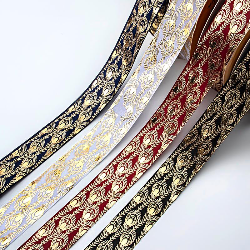 10 meter/rull påfuglfjærtrykt bånd Webbing silkebånd fjær gullbelagt bånd laserbånd 2,5x914cm