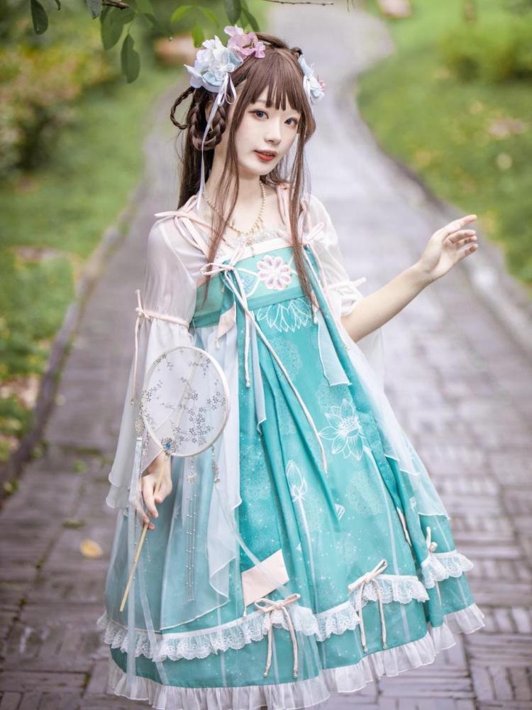 

Johnature Teenage Lolita Cute Patchwork Bow Embroidery 3 Pieces Dress One Size синий