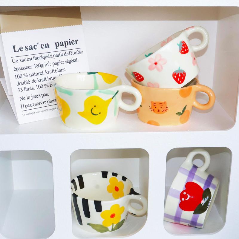 BRHand Drawn Ceramic Mug Cartoon Cute Water Cup Home Furnishings Breakfast Milk Cup Couple Afternoon Tea Coffee Cups Friend GiftEY