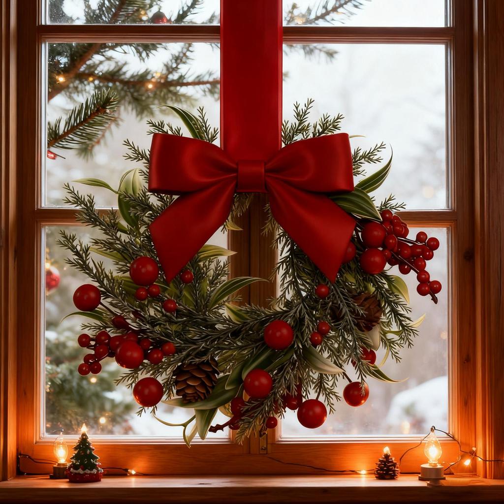 Mini Cabinet Christmas Wreath Red Bow Ribbon Tie Berry Wreath Christmas Garland Decor For Wall Mantle Kitchen Home Outdoor