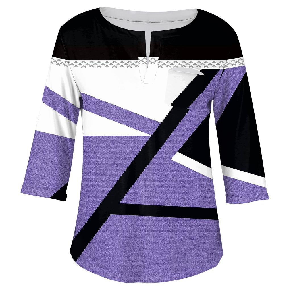 Maglione da donna alla moda casual con maniche a tre quarti e scollo a V stampato, manica 4/3