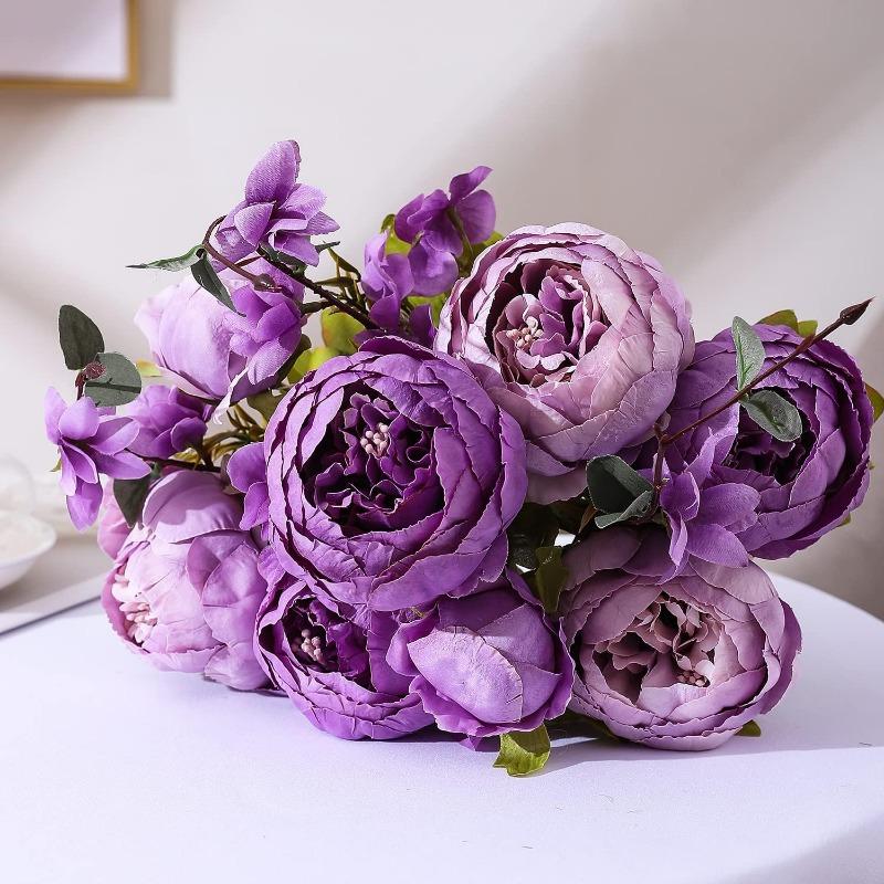 Faux Peony Bouquet 13 Heads Flowers Bud Vintage Artificial Peony 47cm Silk Flowers for Wedding Home Decoration,1pc