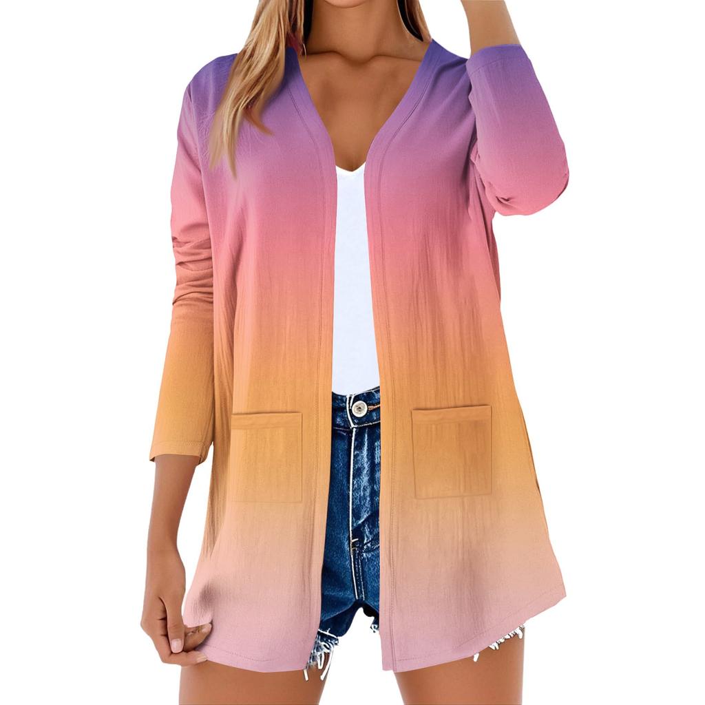 Women's Light Cardigan  Print Long Sleeve V-Neck Shirt With Pocket Top