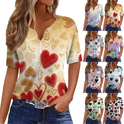 Damenmode Lässig V-Ausschnitt Kurzarm T-Shirt Mit Dekorativem Knopf Und Valentinstags-Print Top