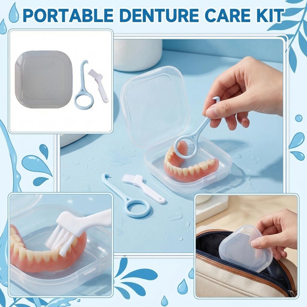 Portable Denture Cleaning Case with Brush and Tool Kit Compact Dental Retainer Storage Box for Daily Oral Hygiene and Denture Care