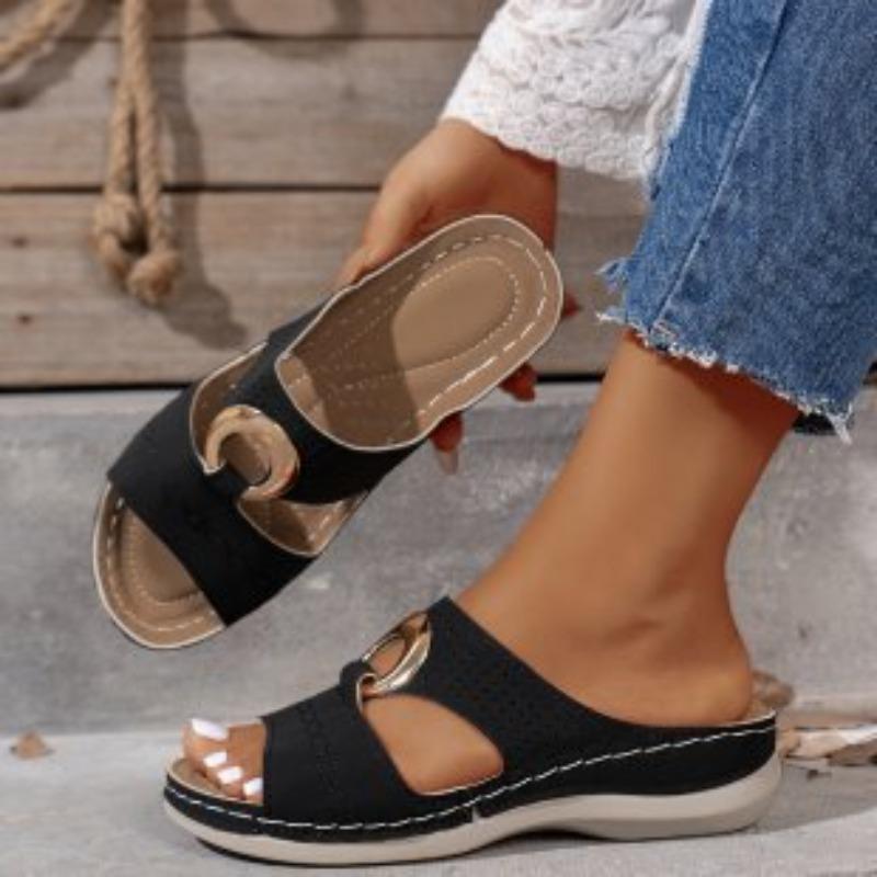 Outer size large size summer slope heel cool slippers sewing line thick bottom women's fashion open-toed beach one-word slippers