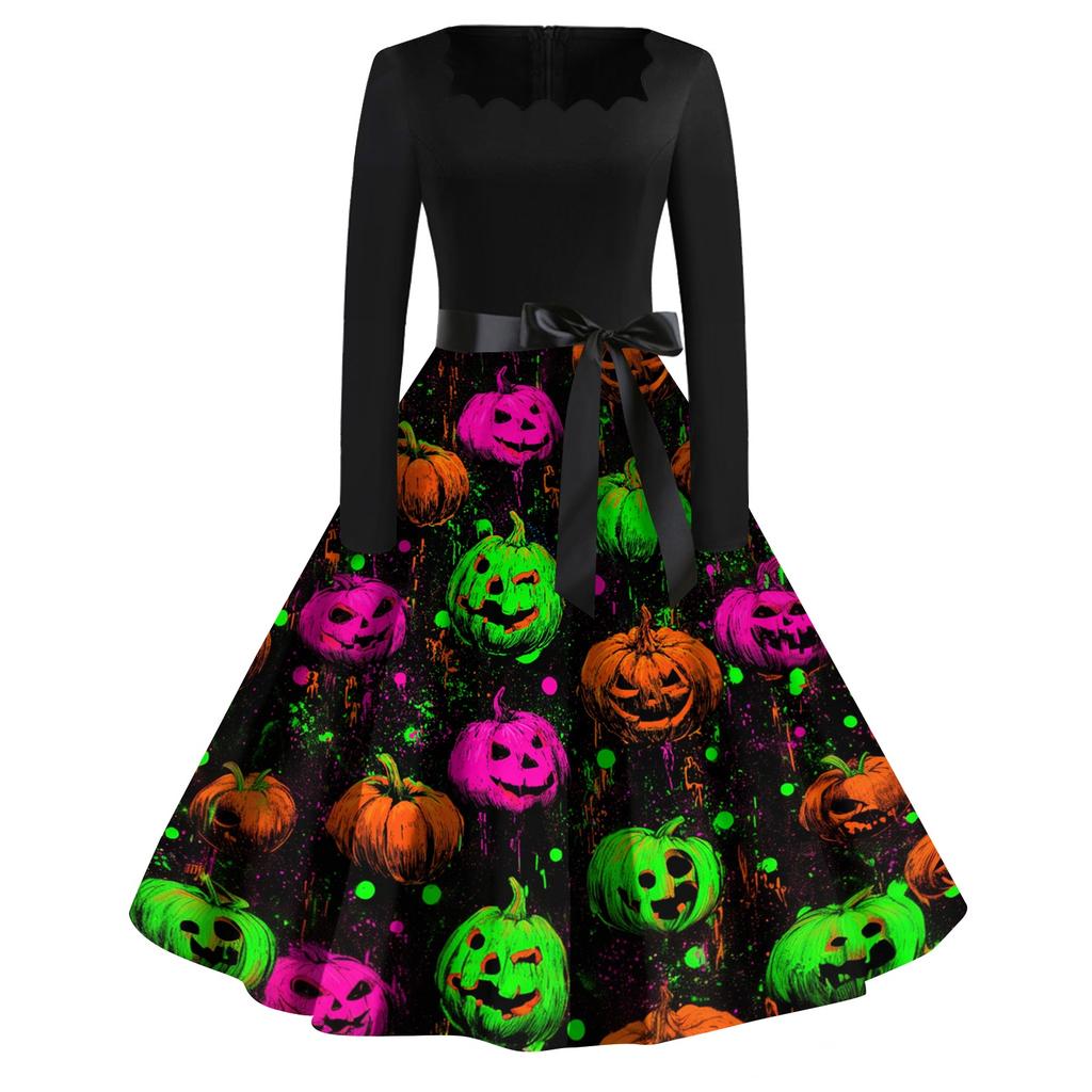 Women's Casual Vintage Halloween Print Square Neck Long Sleeve Dress Retro Fit Flared Skirt Midi Length with Waist Tie Belt