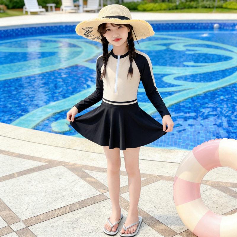 Girls one-piece swimsuit 2026 new middle-aged and older children s summer children s swimsuit girls long-sleeved sunscreen conservative swimsuit 120