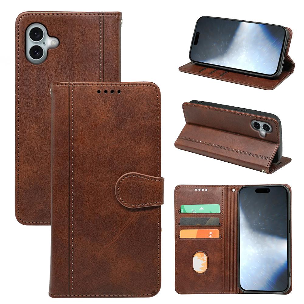 

For iPhone 16 Plus Case Calf Texture Leather Stand Book Style Phone Cover Brown