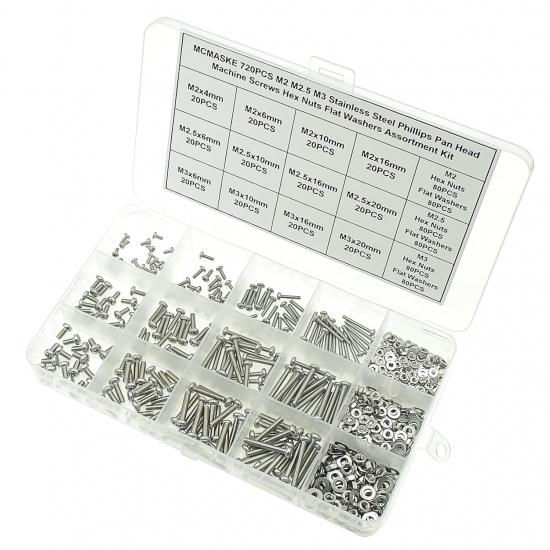 720PCS M2 M2.5 M3 Stainless Steel Phillips Pan Head Machine Screws Nuts Flat Washers Assortment Kit