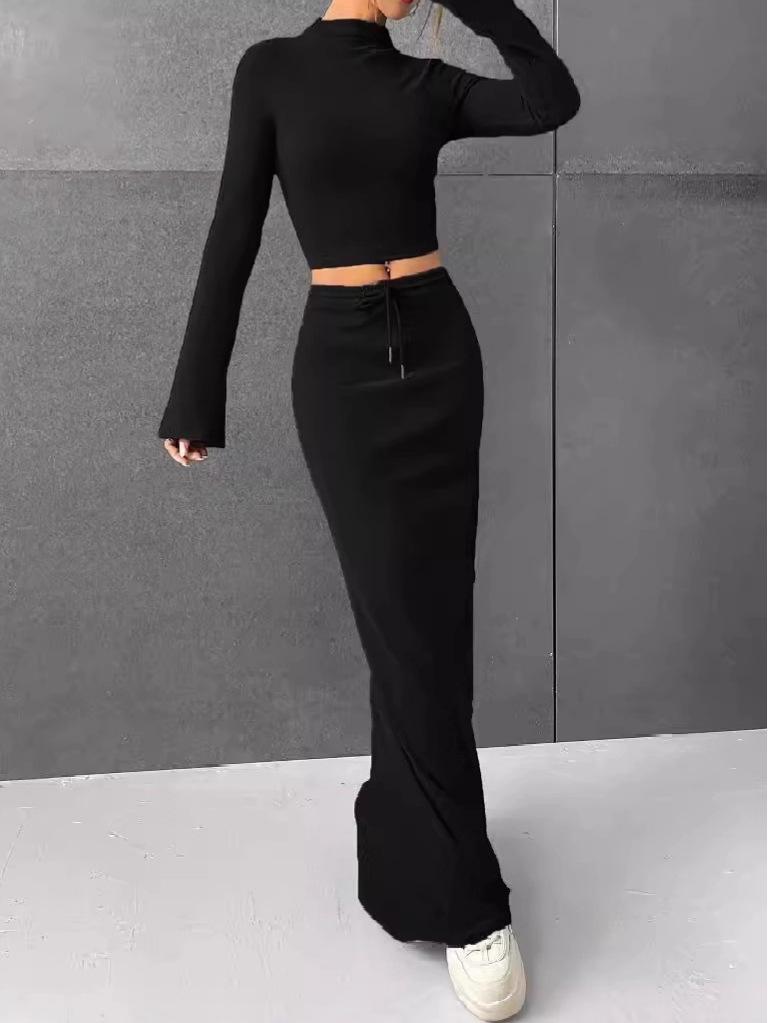 Women's Slimming Lace-up Long Dress Set - Solid Color for Autumn/Spring
