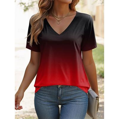 Damen T-Shirt Ombre Grafik Stilvoll Lässig Kurzarm V-Ausschnitt Regulär Oberteile Täglicher Druck Sommer Farbverlauf Damen Mode T-Shirts