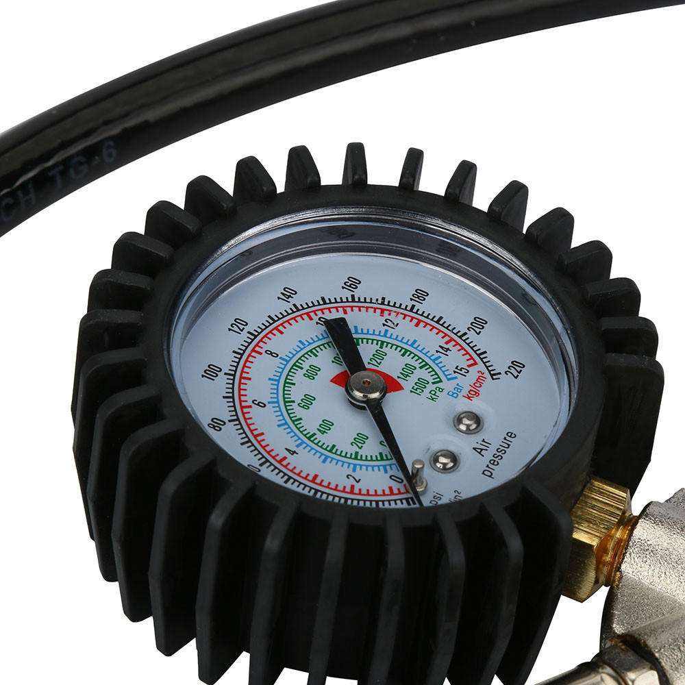 Gun Type Tire Air Pressure Guage 220 Psi Dial Meter Inflating Flexible Hose