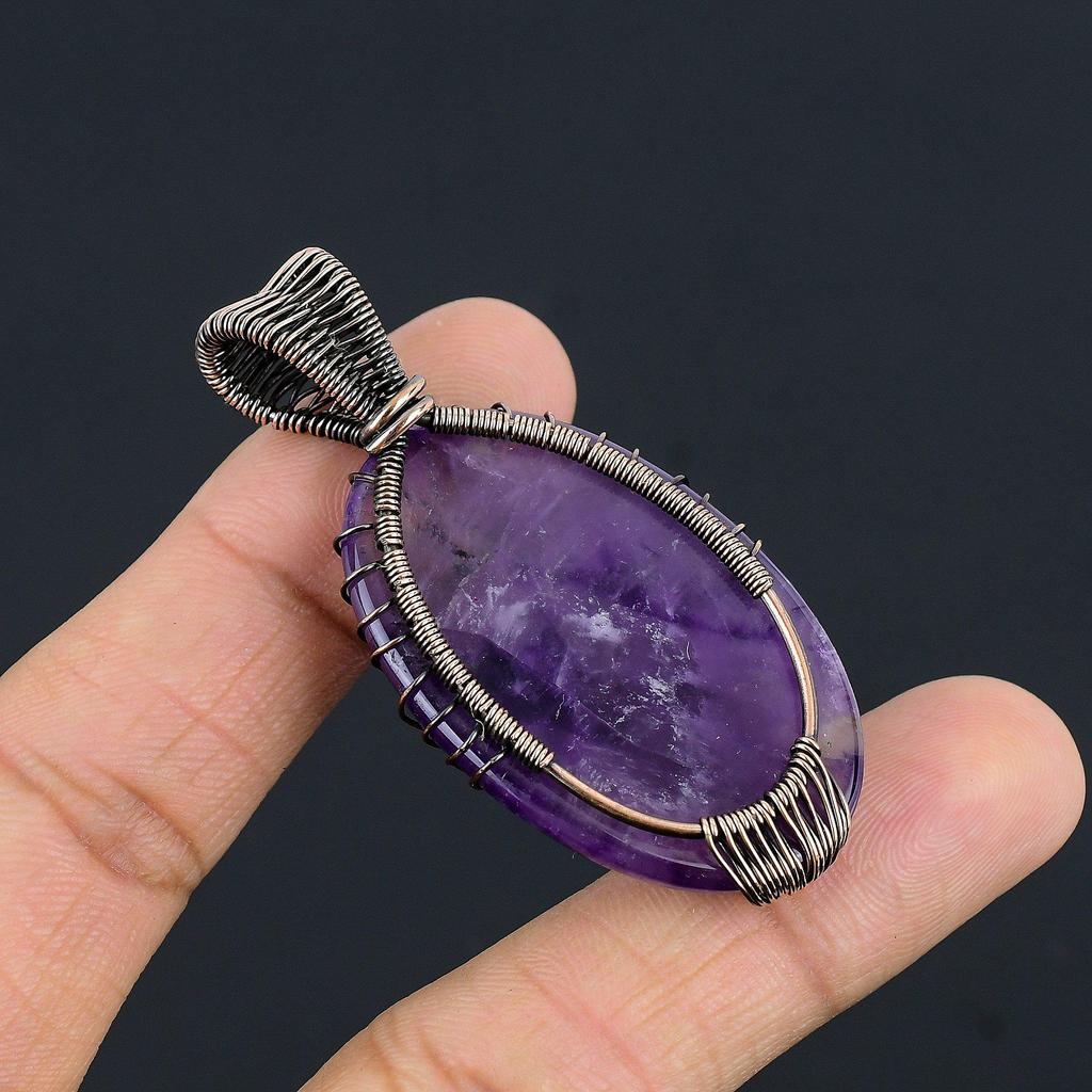 Amethyst Pendant, Handmade Gemstone 999 Copper Wire Wrapped Pendant Antique Jewelry, For Gift Silver Jewelry