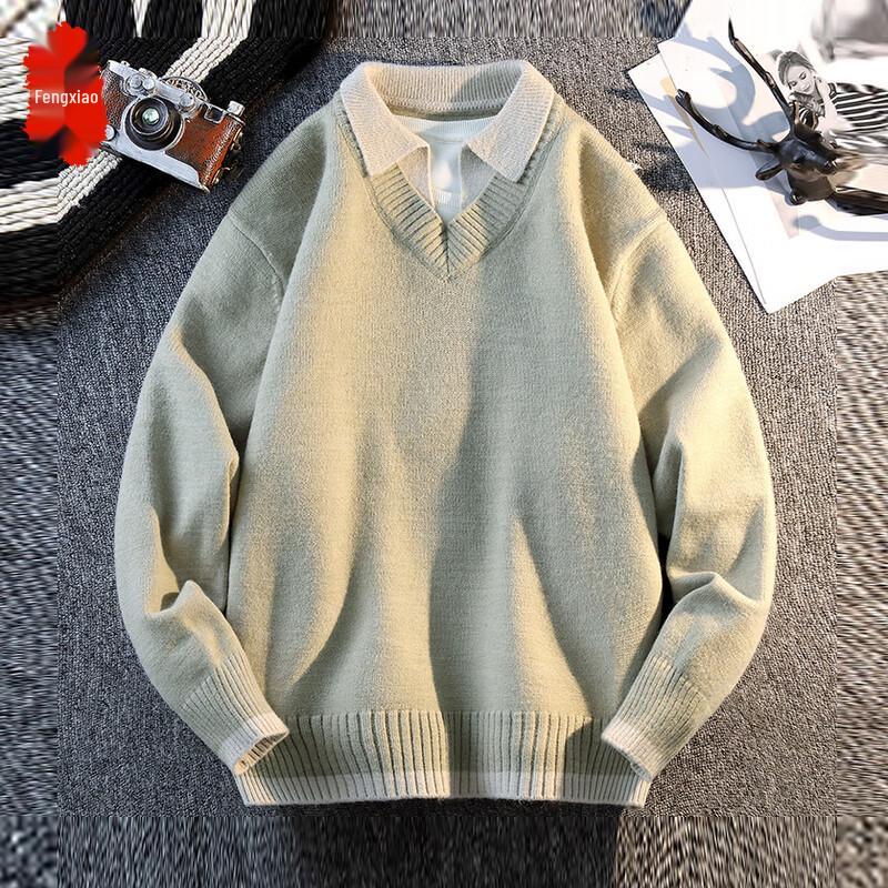 Herren Faux Zweiteiler V-Ausschnitt Locker Gestrickter Pullover