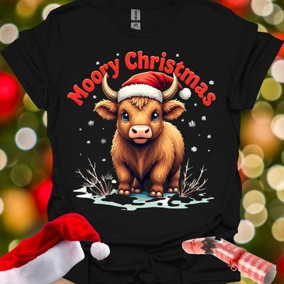 Moory Christmas Cow T-Shirt, Festive Calf In Santa Hat Tee