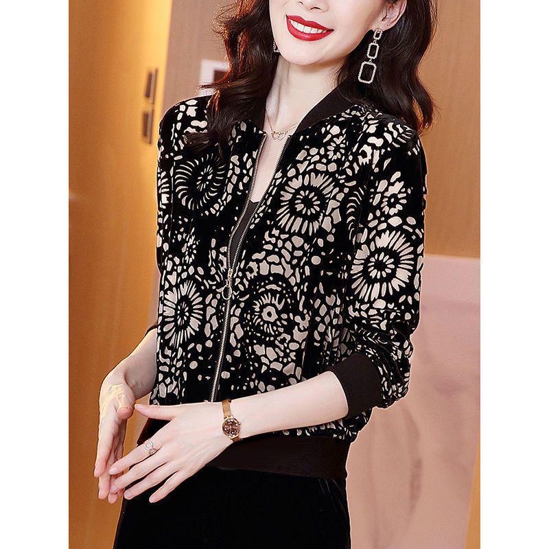 Women's Golden Velvet Autumn Jacket: Chic Hong Kong Style with Print, Loose Fit Baseball Design