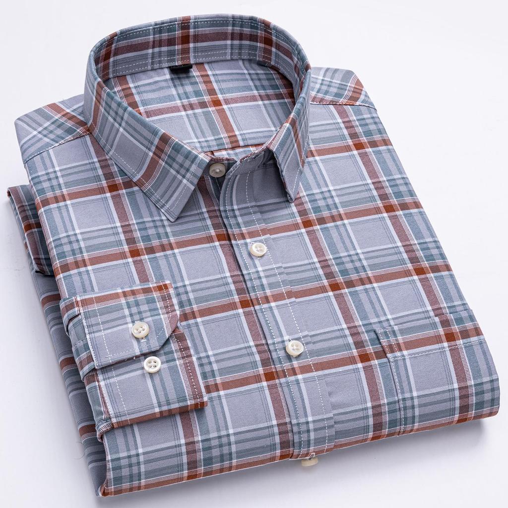 Men's Oxford Shirts Long Sleeve 100% Cotton Casual Plaid Soft Regular Fit Formal Dress Shirt Social Blouse Male Clothes 6XL 7XL