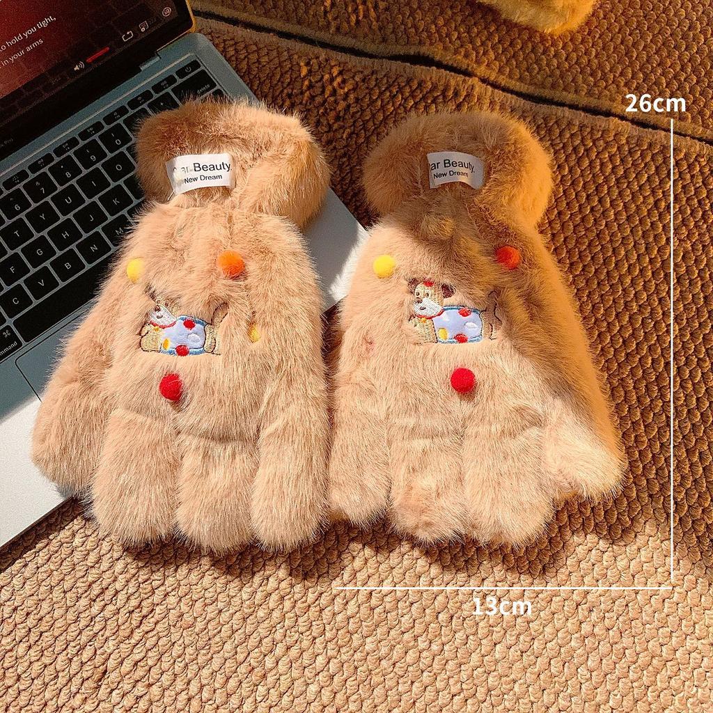 Cartoon polka dot puppy five-finger gloves female cute plush thickened warm neck windproof and cold proof