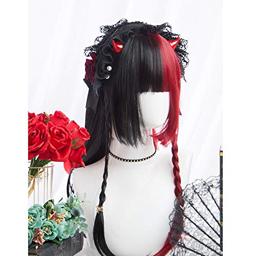 Harajuku-style GAL-kei women's full wig, long, straight, black, red, and double-colored, Lolita style.