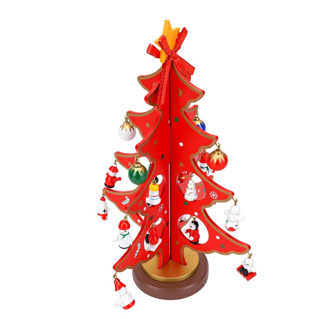 Wooden Xmas Tree DIY Kit Desktop Holiday Decor with Hanging Ornaments for Home Store Window Small Xmas Tree Red