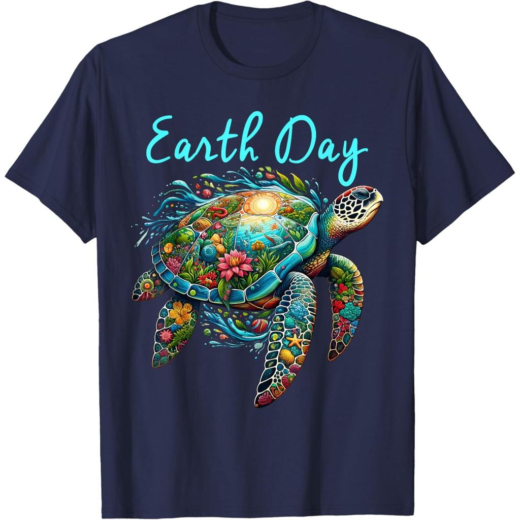 Earth Day Sea Turtle Graphic Tee Breathable Casual Cotton T-Shirt for Unisex